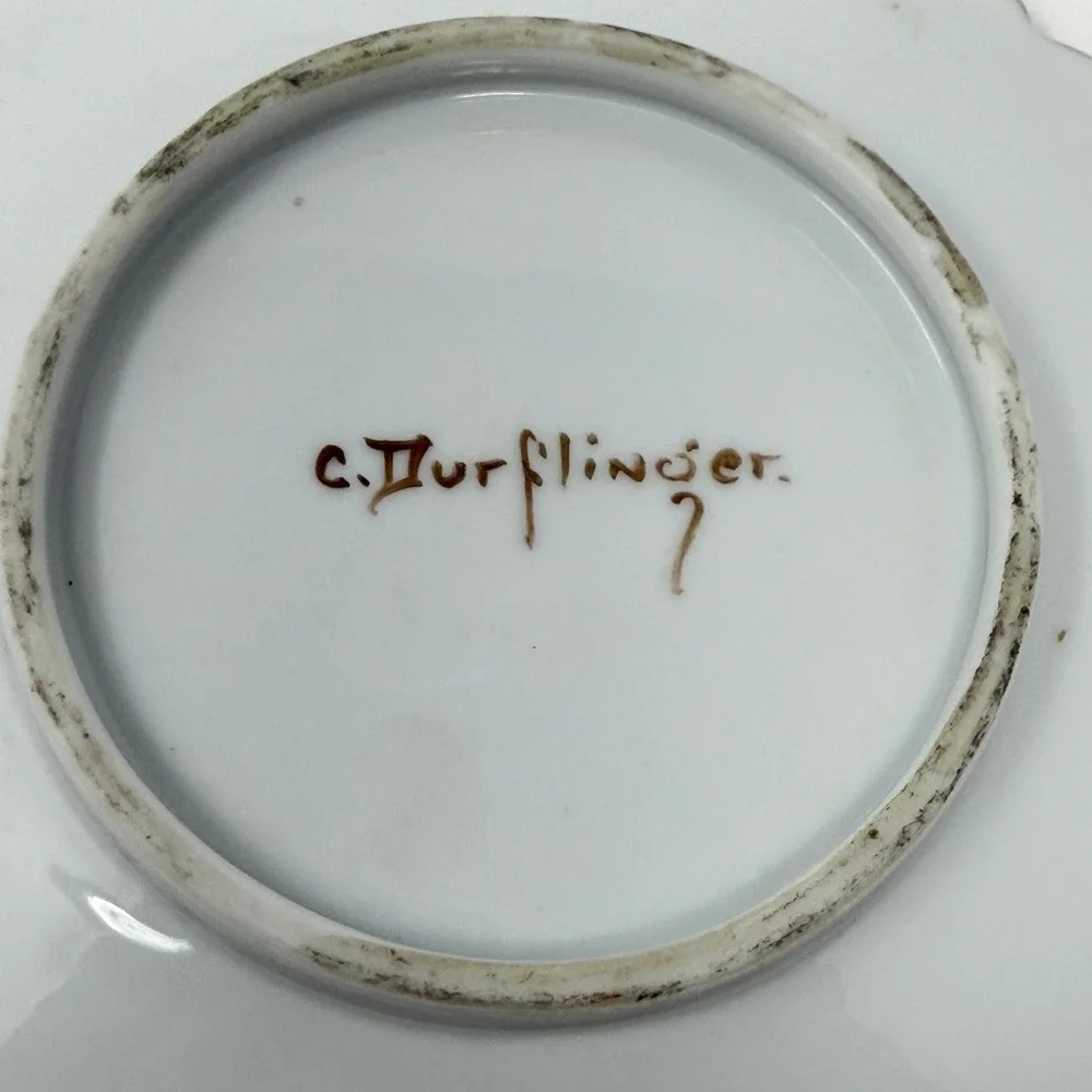 C Durflinger Handled Plate Hand Painted Fruit Porcelain Peach Gold 6.5 In